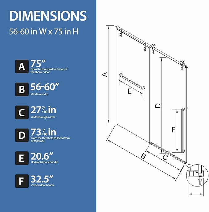 Frameless Sliding Shower Door for 56–60 in Wide Shower, Stainless Steel Barn-Style Glass Shower Door, Single Sliding, with Shatterproof Film, Chrome