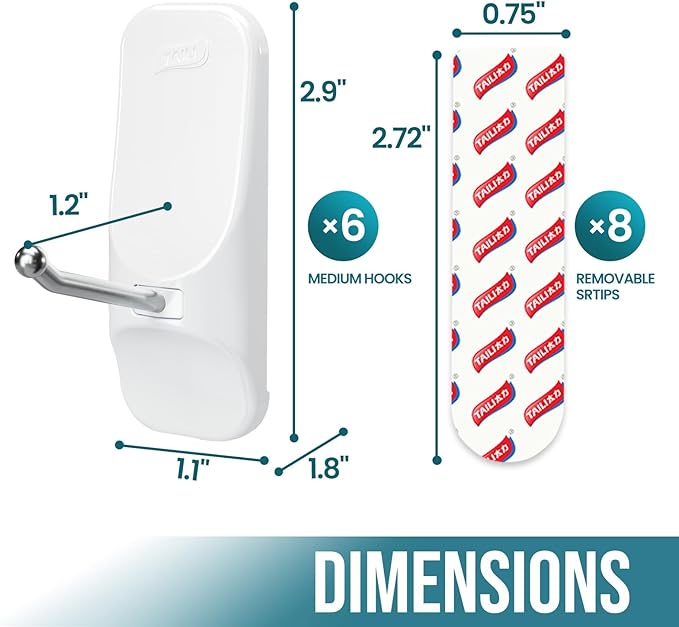 TAILI Hooks for Hanging,6 Wire Sticky Hooks and 8 Adhesive Strips, White Utility Hooks for Painted Wall, No Damage Heavy Duty Holds up to 3 lb, Removable & Reusable for Door, Dorm, Clothes, Kitchen