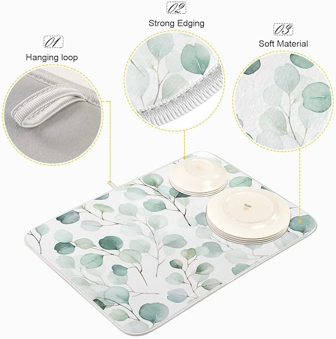 Green Leaves Dish Drying Mat 16x18 for Kitchen Counter Watercolor Herbs Women Kitchen Drying Mats Dishes Pad Absorbent Fast Dry Dish Draining Mats Medium Kitchen Accessories