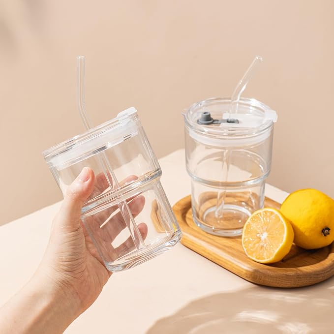 13oz Glass Tumbler with Lid and Glass Straw Set of 4 – Thick-Walled Iced Coffee Cup, Reusable Clear Glass Cup for Water, Iced Tea, Coffee, Juice, Perfect for On-the-Go & Daily Use