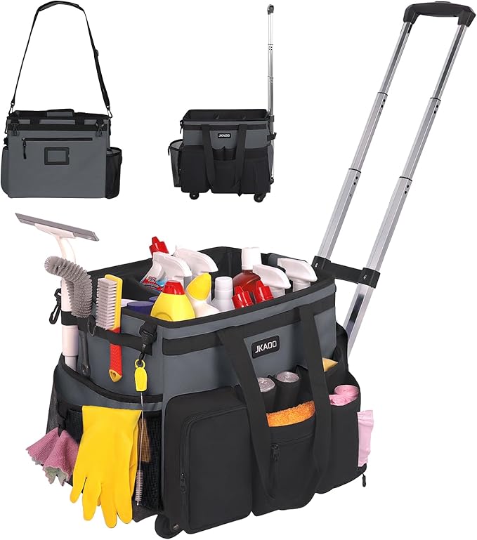 Large Rolling Cleaning Caddy Bag with Detachable Trolley, Waterproof Cleaning Caddy on Wheels for Housekeepers, Cleaning Cart Supplies Organizer for Home,Car,Office,Picnic(Gray)(InPatent)