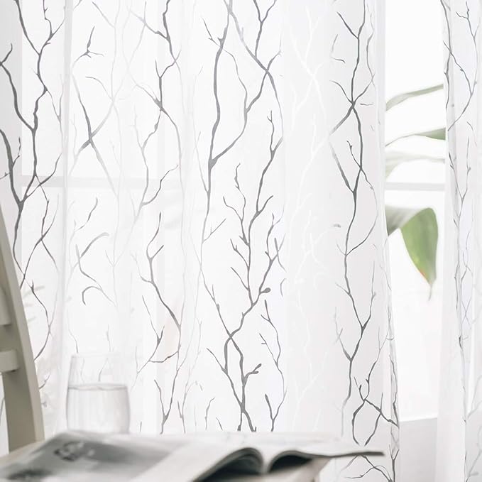 FINECITY Tree Branch Sheer Curtains for Bedroom 63 Inches Length - Rod Pocket Silver White Sheer Curtains Branch Pattern Window Curtains for Bedroom, 52 x 63 Inch, 2 Panels, White and Silver