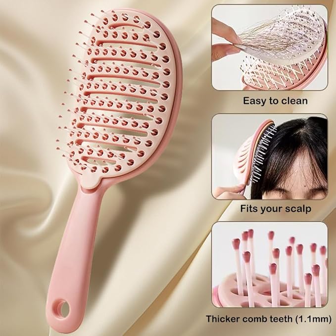 Self Cleaning Hair Brush, Easy to Clean, Curved Vented Detangler Brush for Faster Blow Drying for Women Men Kids, Wet & Dry Hair (Pink)