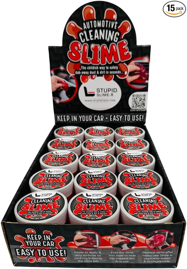 STUPID Technologies Slime-X (New) – Re-Engineered Car Cleaning Gel 15-Pack (2400g) – Value Pack- Retail POP Display Included – Lifts Dust, Crumbs & Debris – Great for Cars, Keyboards & More
