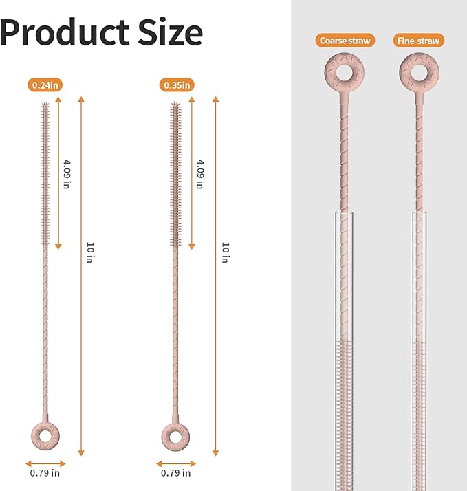2Pcs Silicone Straw Cleaner Brush, Dual-Size Brushes (6mm Slim & 9mm Wide), Clean for Reusable Straws, Cups and Tumblers, Durable & Eco-Friendly, Pink