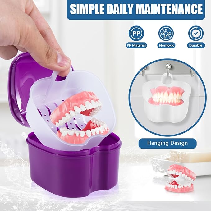 2 Pack Denture Bath Case Cup Box Holder Storage Container with Denture Cleaner Brush Strainer Basket for Travel Cleaning (White and Purple)