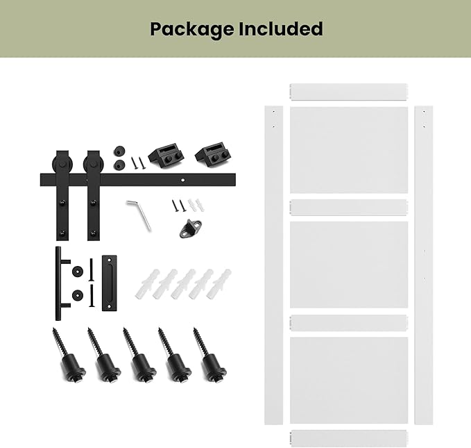 SmartStandard 36in x 84in Sliding Barn Door with 6.6FT Barn Door Hardware Track Kit & Handle, Waterproof PVC Surface, Pre-Drilled Holes Easy to Assemble, White, Solid, MDF, 3 Panel