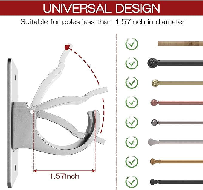 6PCS No Drill Curtain Brackets, Self-Adhesive Rod Holders, Universal Plastic Nail Free Adjustable, Curtain Hooks for Rods Less Than 1.57 Inch Diameter (Sliver)