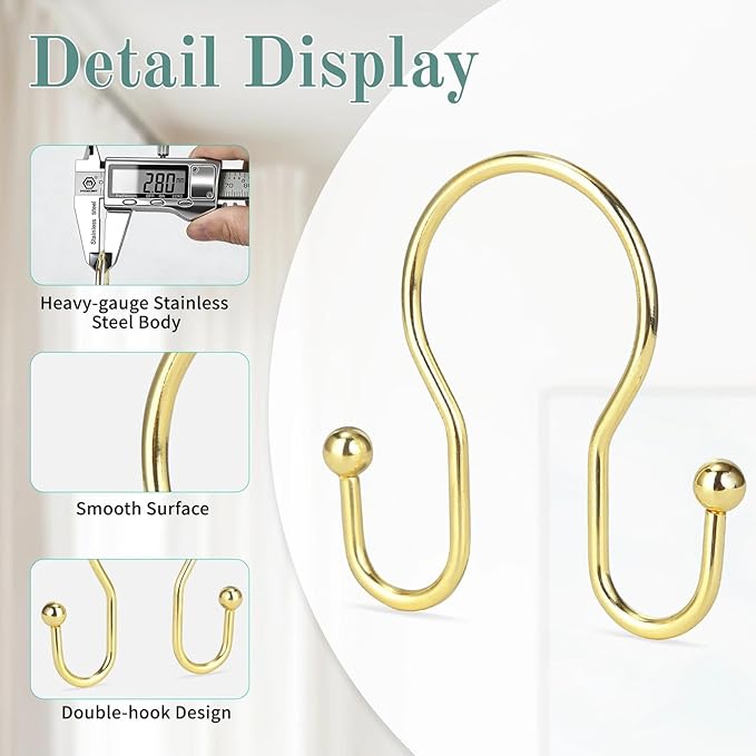 Goowin Shower Curtain Hooks, 12 Pcs Shower Curtain Rings, Stainless Steel Shower Curtain Hangers, Gold Shower Curtain Hooks Rings Rust Proof, Minimalist Shower Hooks for Shower Curtain, Gold