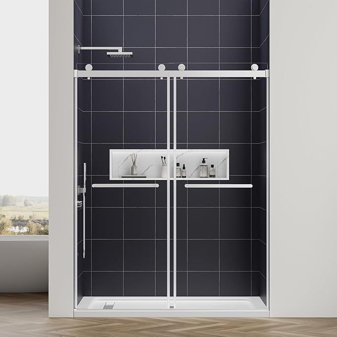 56-60" W x 76" H Double Sliding Frameless Shower Glass Door, 5/16" (8mm) ANSI & SGCC Certified Tempered Glass with Double Nano Coating, Stainless Steel Hardware & Towel Rack (Brushed Nickel)