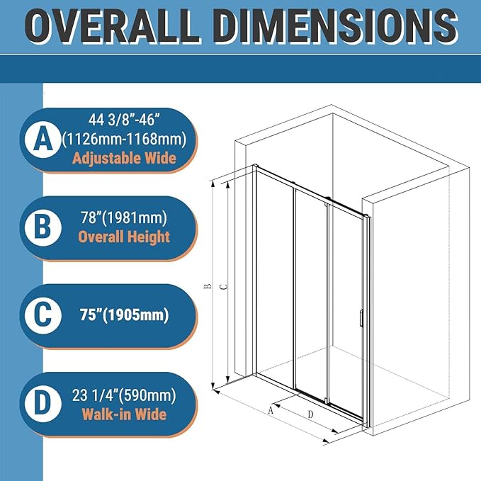 46" W x 78" H 3-Panels Sliding Shower Door, Shower Door Clear 6mm Tempered Glass with Brushed Gold Frame, 3-Panels Sliding Shower Easy to Clean,Three-Panel Synchronized Shower Sliding Door