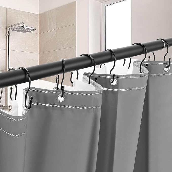 12 Pack Double Shower Curtain Hooks Rings, TENOVEL Double Sided Shower Curtain Hooks Rust Proof for Shower Curtain, Stainless Steel Bathroom Shower Hangers Rings for Shower Rods, Matte Black