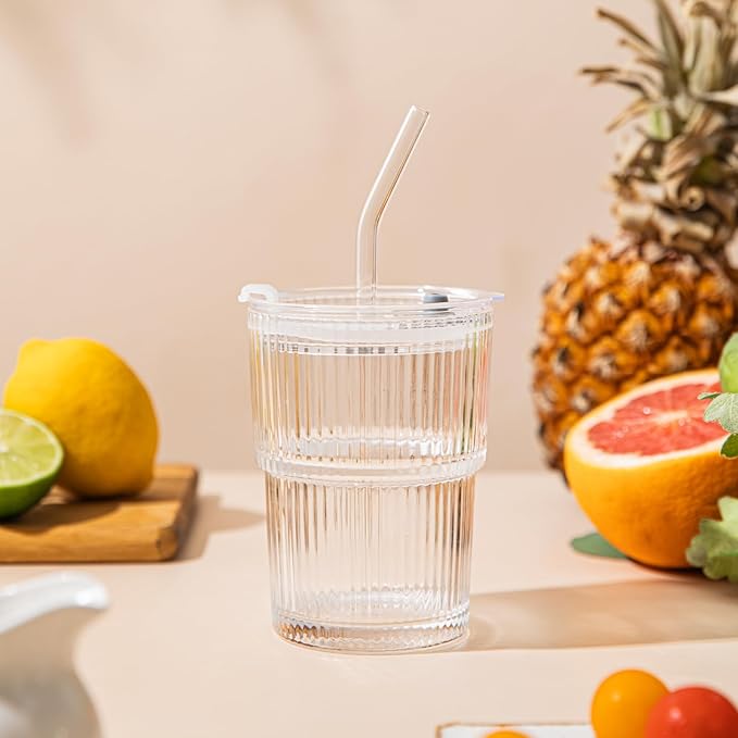 13oz Glass Tumblers with Lids and Straws, Set of 2 - Stylish Ribbed Design Drinking Glasses for Iced Coffee, Juice, Smoothies, Cold Beverages, Includes Cleaning Brush, Durable Glassware