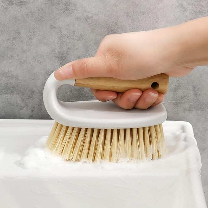 Wooden Handled Brush, Stiff Bristle Gravity Cleaning Brush, Multi-Purpose Brush for Bathroom Sinks, Floors, Carpets, Pools, Kitchens, Tiles, White.