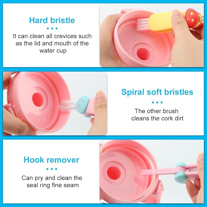 3 in 1 Multifunctional Lid Gap Cleaning Brush Set - Cup, Bottle, Sport Water Bottle (Pink, Yellow, Blue)