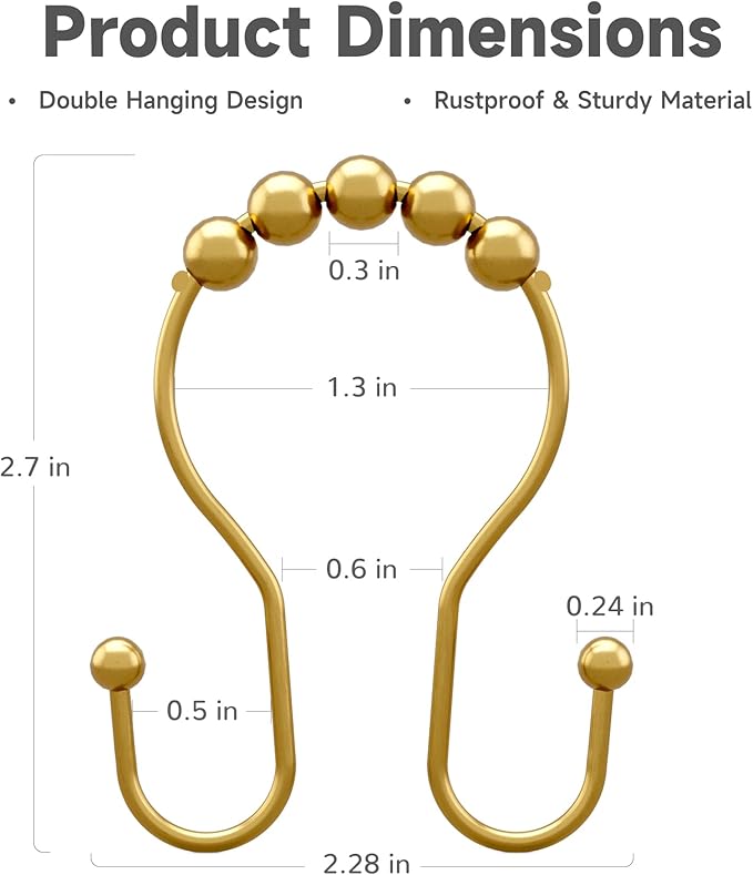 Shower Curtain Hooks, Shower Curtain Rings Rust Proof Double Hook Shower Curtain Hooks, 12 Pcs Dark Gold Shower Hooks for Shower Curtain, Shower Rings for Curtain, Metal Shower Rod Hooks