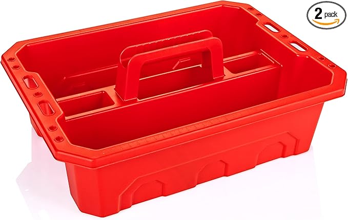 CANOPUS Storage Tray Tote with Functional Holes - 2 PCs Plastic Cleaning Caddy with Handle, Portable Caddy, Undersink Storage for Kitchen, Shoe Cleaning Box, Products Organizer, Red