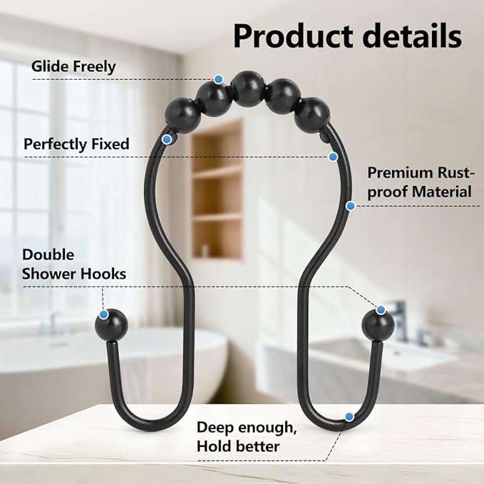 Shower Curtain Hooks, Sturdy Metal Black Shower Curtain Rings, Glide Roller Double Shower Hooks, Rust Proof Anti-Drop Curtain Hooks, 12 Pcs Smooth Sliding Rings for Bathroom Shower Rods Curtains