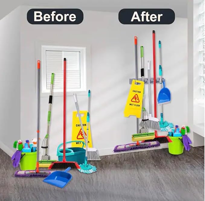 Wall Mounted Broom and Mop Holder, 16 Inch Plastic Organizer, 6 Foldable Hooks, 5 Secure Slots, Holds 11 Cleaning Items for Garage and Home, Gray. (1)