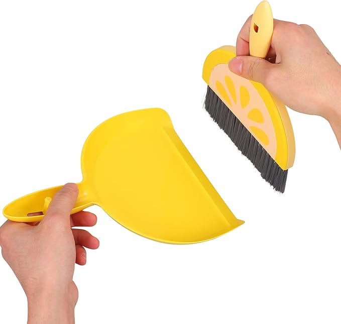 VOSAREA Small Dustpan and Brush Set, Lemon Mini Dustpan and Brush Whisk Broom and Dust Pan Set, Tiny Cleaning Broom Mini Hand Broom for Table, Desk, Keyboard Pet Nest
