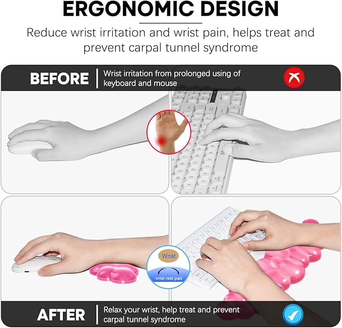 JIKIOU Clear Gel Wrist Rest for Keyboard and Mouse, Cool Silicone Mouse Wrist Rest Set, Cute Ergonomic Wrist Rest for Keyboard Typing Pain Relief, Suitable for Office Computer Laptop Gaming Pink