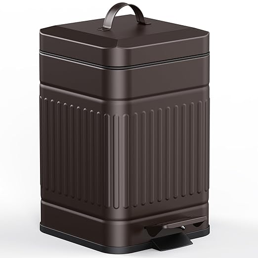 CEROELDA Small Trash Can with Lid-5L/1.3 Gal,Stainless Steel Outdoor Dog Poop Garbage Can-Farmhouse Retro Metal Waste Bin w/Step Pedal for Bathroom Bedroom Office-Soft Close-Brown