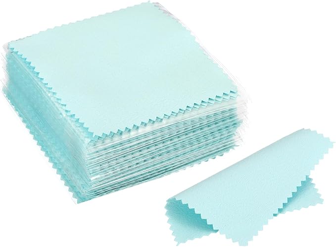 PATIKIL 3.15x3.15" Jewelry Cleaning Cloth, 100Pcs Individually Wrapped Double-Sided Microfiber Polishing Cloth for Silver Gold Brass Platinum Jewelry, Light Blue