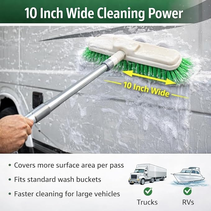 HI-TECH Industries 10" Bi-Level Flagged Super Soft Brush – Gentle Nylon Bristles – Crimped for Extra Cleaning Power – Threaded Handle Hole – Ideal for Trucks, SUVs, Boats, & Large Vehicles