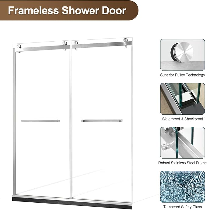 Paris Shower Door,60" W x 74" H Double Sliding Shower Door with 5/16"(8mm) Clear SGCC Tempered Glass,Bathroom Shower Door,Brushed Nickel