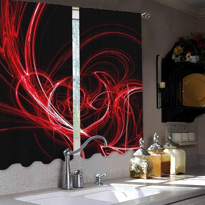 Red Circle Kitchen Curtains Abstract Red Circles Lines Black Mystical Short Tier Curtains for Bathroom Cafe Small Window Drapes Treatment 2 Panels (27.5x39 Inch)