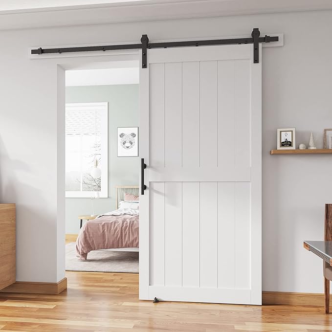 40''x84'' Sliding Barn Door with 7 Ft Barn Door Hardware Kit& Handle& Floor Guides,Pre-Drilled Holes Easy Assembly - Include Installation Manual, Water-Proof PVC Surface, H-Frame, White