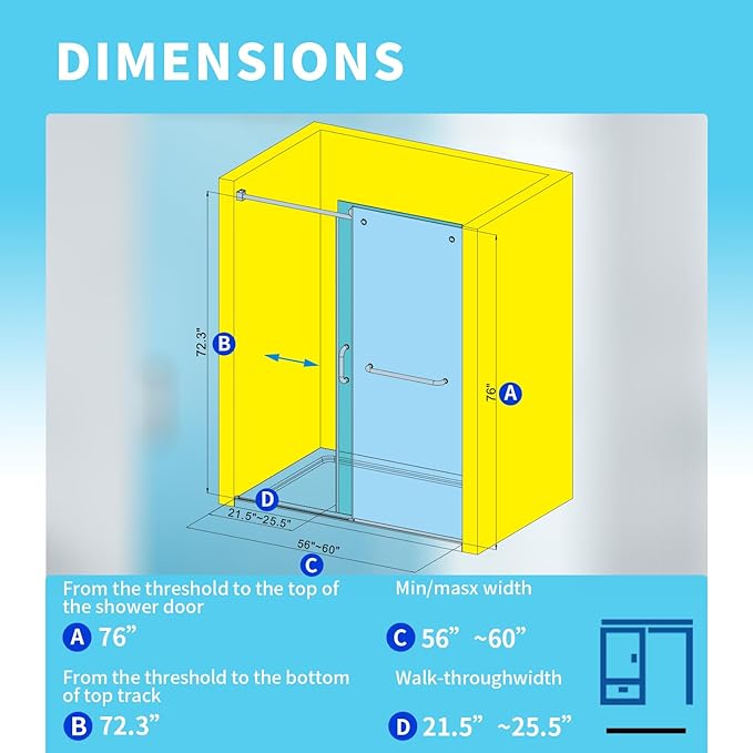 56-60" W x 76" H Frameless Sliding Shower Door, Frameless Shower Door, Shower Glass Door with 5/16" (8mm) Clear SGCC Tempered Glass, Stainless Steel Hardware O01 (60"x76" Chrome)