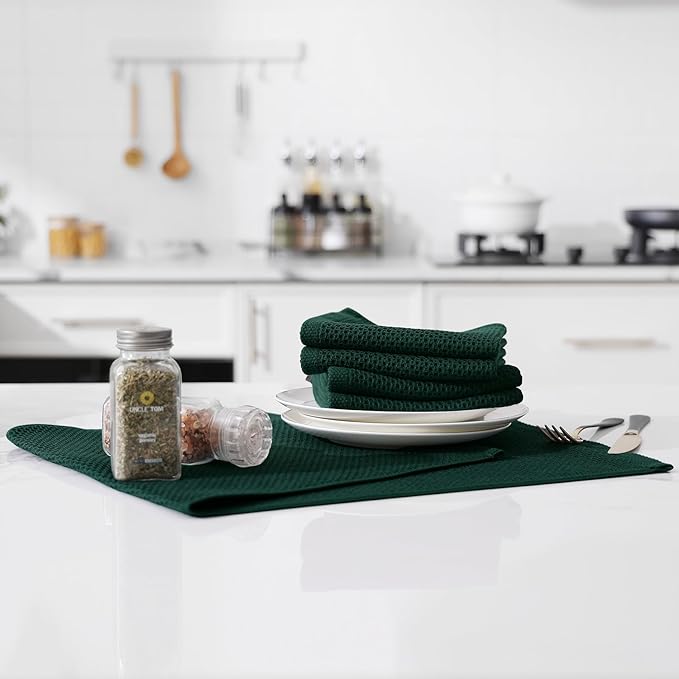 Kitinjoy 100% Cotton Waffle Weave Kitchen Hand Towels (13 X 28 Inches, Blackish Green), 4-Pack Super Soft and Absorbent Dish Towel for Drying Dishes