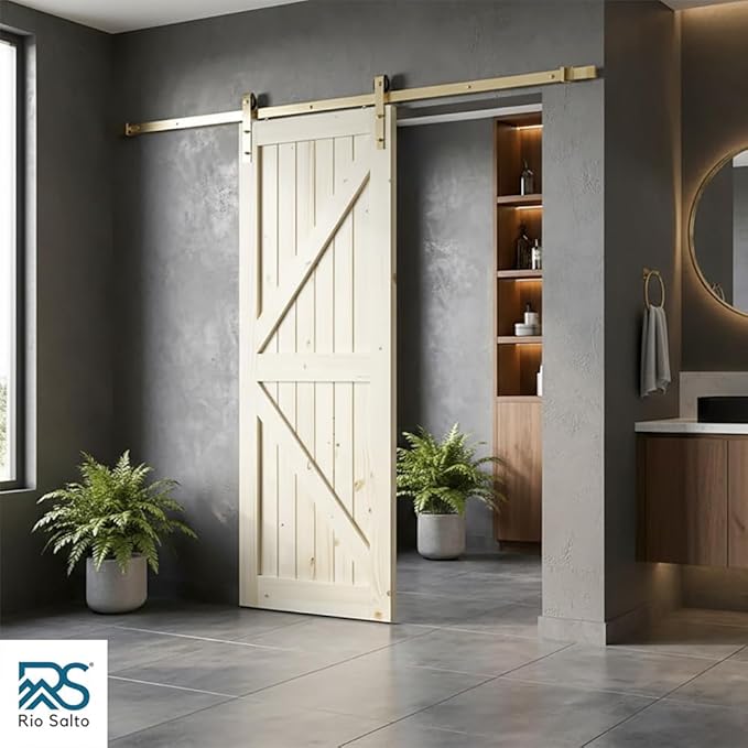 Rio Salto Gold Barn Door Hardware Kit Adjustable Length Sliding Door Hardware Modern Barn Interior 8 Feet Brushed Brass Panel Hardware Hardware Kit, 8ft - Door NOT Included