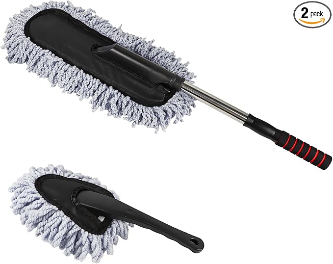 Wuyaoyao 2PCS Car Duster Set, Soft Microfiber Car Duster Interior Exterior, Scratch Free Auto Cleaning Brush with Extendable Handle, Multipurpose Dusting Tool for Auto Office Home Furniture (Gray)
