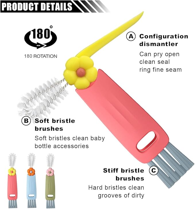 3 in 1 Cup Lid Cleaning Brush Set for Bottle Gap Tight Spaces Cup - Multifunctional Cleaning Brush Portable Crevice Cleaning Tools - Cup Mouth Scrubber Cup Lid Cleaner with Flower Design (3PCS)