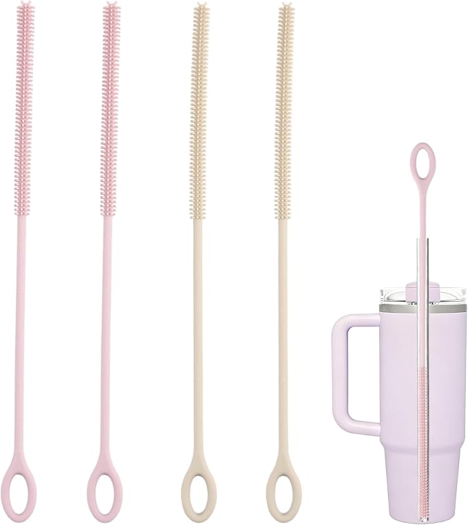 4Pcs Reusable Silicone Straw Cleaner Brush Extra Long, Soft Bendable, Non-Slip Handle for Glass Metal Smoothie Straws (Pink&Beige)
