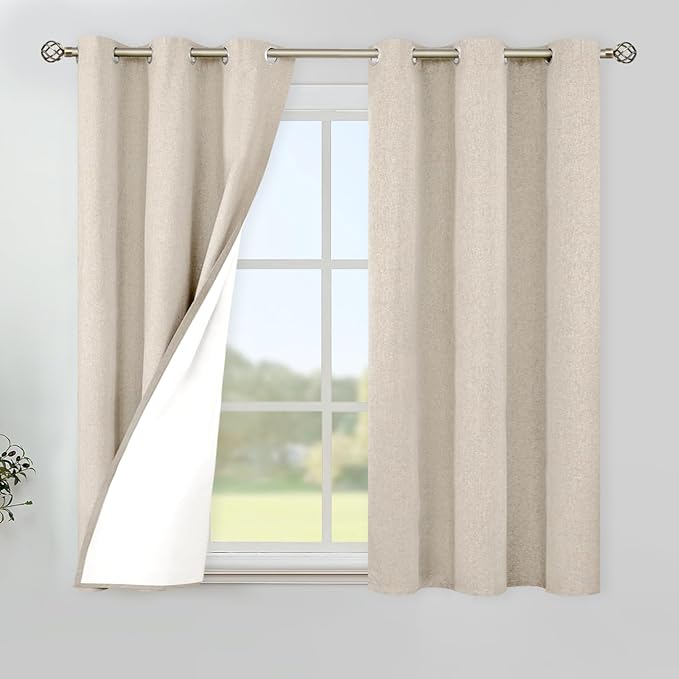 YoungsTex 45 Inch Length Oatmeal Linen Blackout Curtains, Short Thermal Insulated Drapes with Grommet for Room Darkening Privacy Living Room Bedroom Window, 2 Panels, 42 X 45 Inch