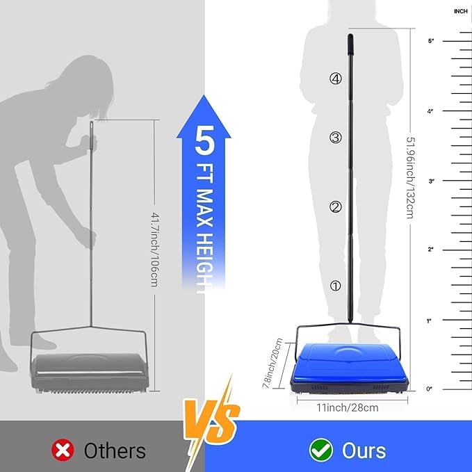 EZ SPARES Horsehair Carpet Sweeper Cleaner for Home Office,5FT Pole for Tall People(1FT Longer Than General)-No More Bending-Horsehair Brush Soft on Hardwood Floors,Pet Hair Cleaner (Cobalt Blue)