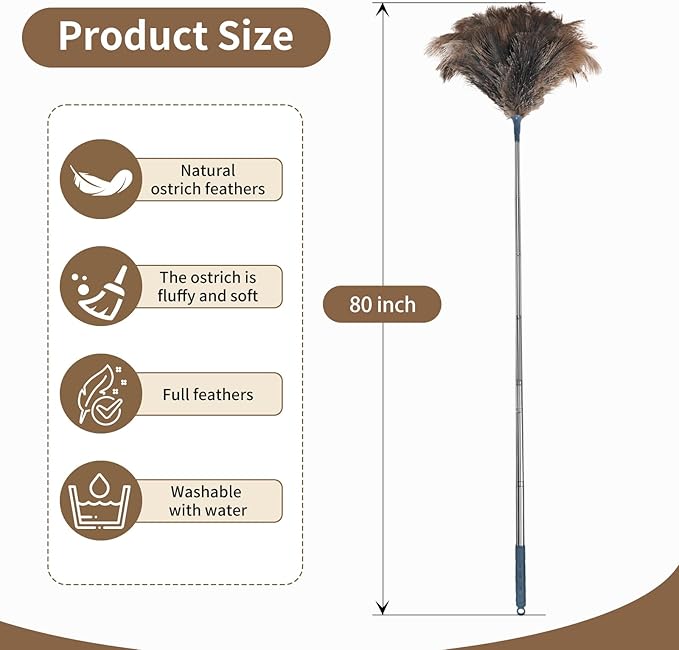 Ostrich Feather Duster with Extension Pole for Cleaning - 80 in Fluffy Natural Genuine Ostrich Feathers with Handle Reusable Handheld Ostrich Feather (Gray)