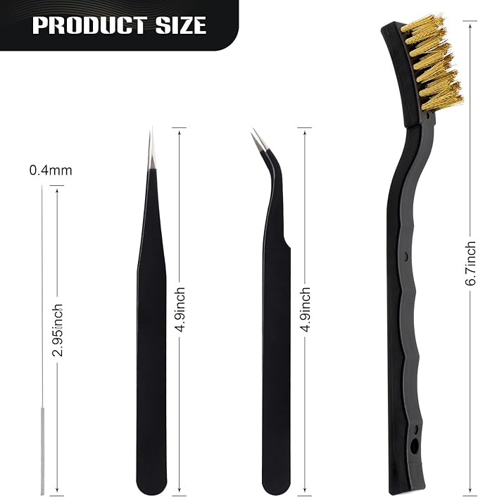 3D Printer Nozzle Cleaning Kit with Brush - 10 Pieces 0.4 mm Cleaning Needles, 2 Types Sophisticated Tweezers and 2 Pieces Cooper and Stainless Wire Cleaning Brushes