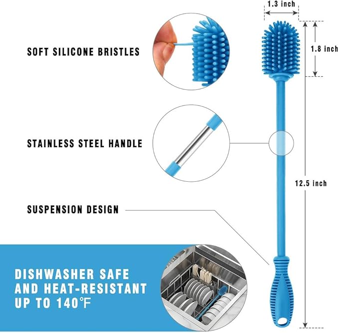 Silicone Bottle Cleaning Brush with Long Handle, Water Bottle Cleaner for Baby Bottles, Hydro Flask, Sports Bottle, Vase, Glassware, Perfect for Smaller Diameter Bottle Openings (Qty 1)