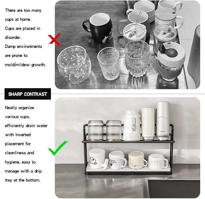 2-Tier Space-Saving Drain Rack with Removable Tray, Cup Storage Rack for Kitchen Sink, Dish Drying Organizer (Black)