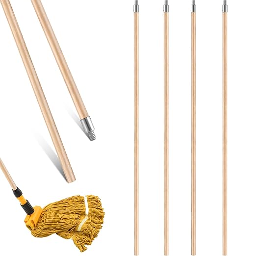 Barydat 4 Pack 72 Inch Lacquered Wood Broom Handle with Metal Threaded Tip Heavy Duty Natural Lacquered Wood Handle for Floor Home Office Commercial, 1" Diameter