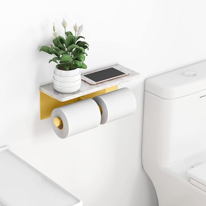 Brushed Gold Toilet Paper Holder with Shelf, New Upgrade Double Toilet Paper Holder with Storage, Marble Roll Toilet Paper Wall Mount for Bathroom Washroom
