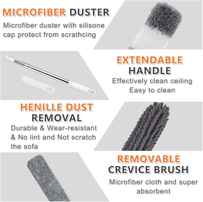 Microfiber Feather Duster, 6PCS Extendable Bendable Dusters with 100" Telescopic Pole, Washable & Reusable Cleaning Kit for Ceiling Fans, Lights, Blinds, Cars, Hard-to-Reach Areas (Gray)