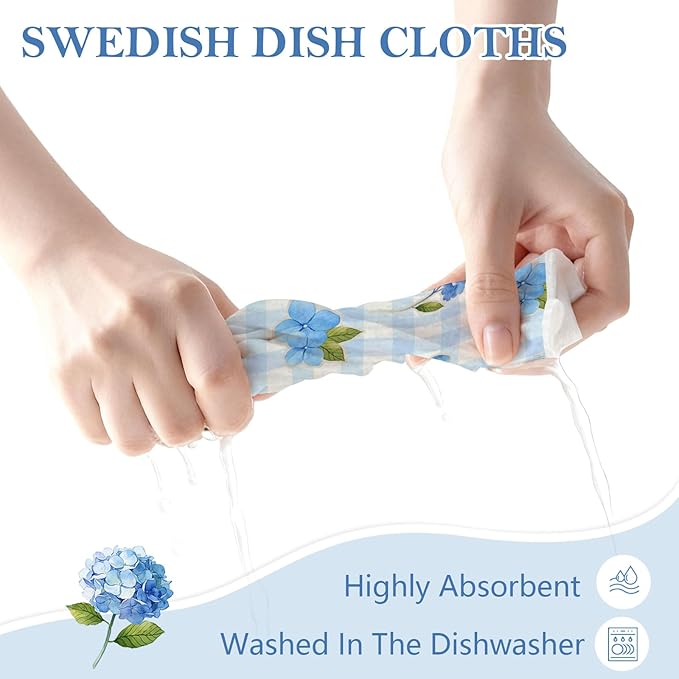 5 Pack Mixed Watercolor Hydrangea Kitchen Dishcloths Dish Towels, Blue Hydrangea Dish Towels for Kitchen, Swedish Dishcloth, Paper Towels Reusable, Dish Cloth Towel Cleaning Wipe for Home Party