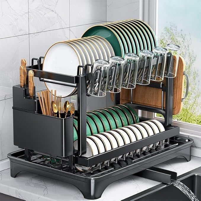 Dish Drying Rack,2-Tier Dish Racks for Kitchen Counterwith Drainboard & Utensil Holder, Large Dish Drying Rack for Bowls/Cups/Bottles(Black)