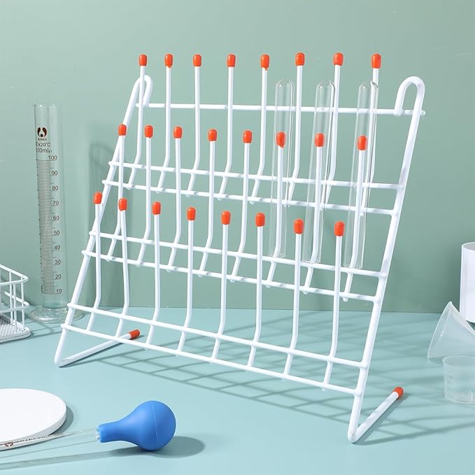 OUNONA Laboratory Beaker Drying Holder 24 Peg Lab Drying Rack Vertical Bottle Stand Test Tube Draining Rack for Lab Glassware Organization 11.81X11.81X4.52In