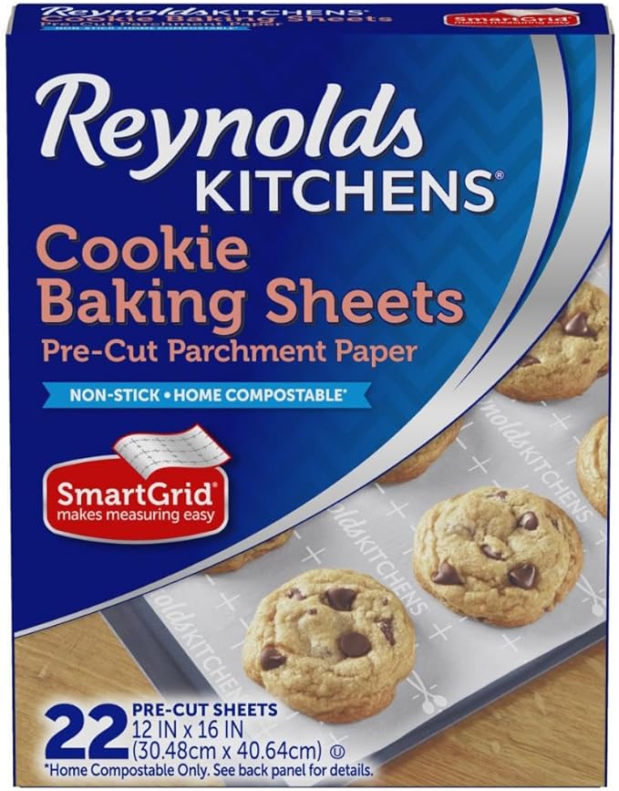 Reynolds Kitchens Cookie Baking Sheets, Pre-Cut Baking Parchment Paper Sheets for Cookies, Oven-Safe up to 425 Degrees, Reusable Up to 3X, No-Mess Cleanup, 12 in x 16 in, 22 Count
